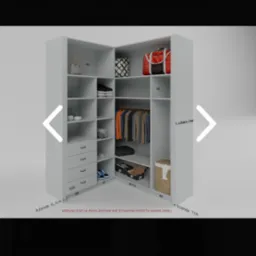 Wizualizacja narożnej garderoby z otwartymi półkami, szufladami i drążkiem na ubrania, wypełniona ubraniami, torebkami i akcesoriami, z naniesionymi wymiarami.