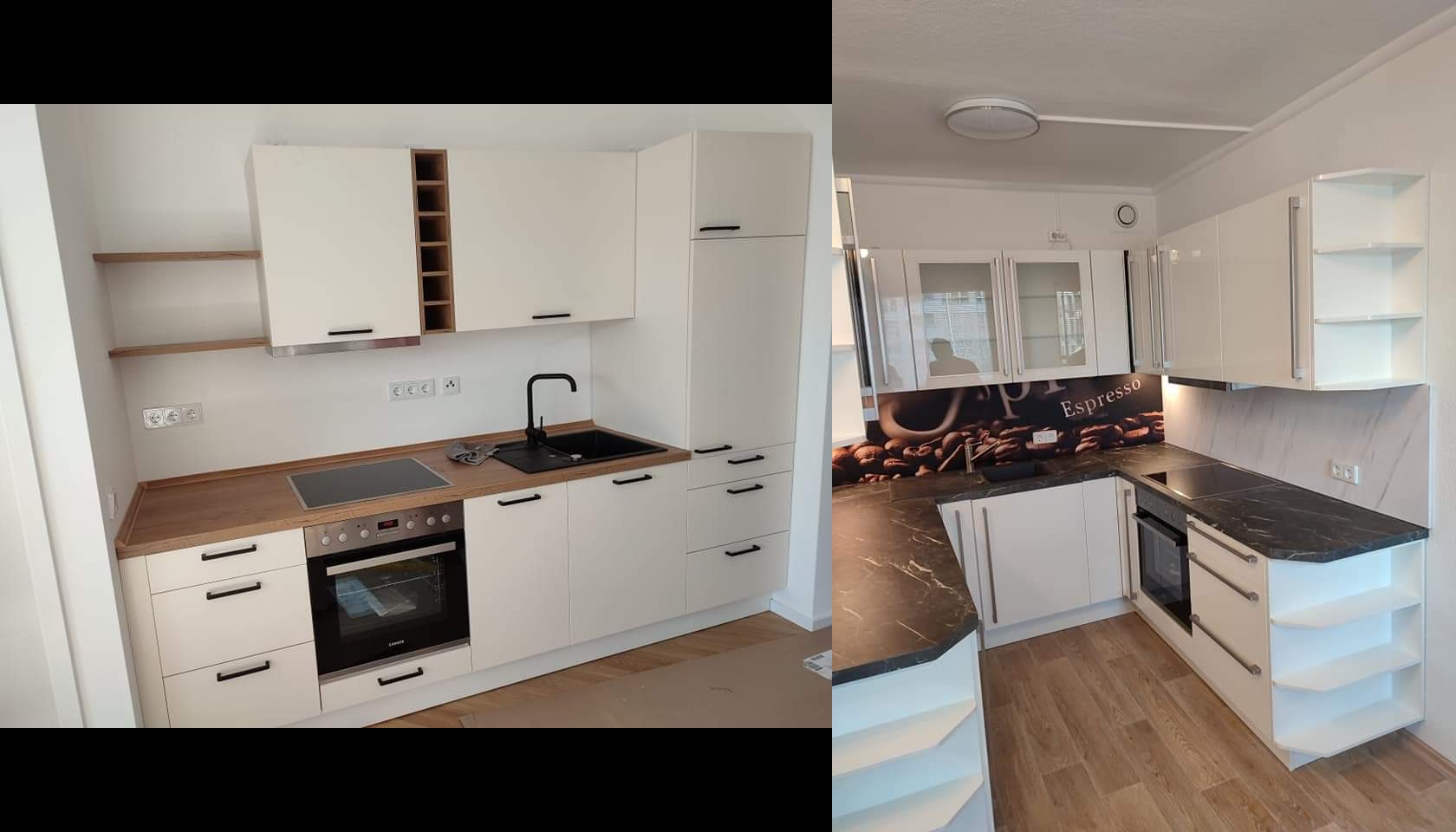 Dwa ujęcia nowoczesnej kuchni z białymi szafkami, drewnianymi blatami i czarnymi akcentami, w tym bateria i zlewozmywak. Jedno ujęcie ukazuje otwarte półki i wnęki na wino, drugie z kolei panel...