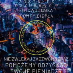 Grafika reklamowa: Neonowe miasto w tle, logo lokalnej poradni prawnej Jarosława Wiśniewskiego z sylwetką jelenia w okręgu, hasła 'Zostałeś oszukany?', 'Fotowoltaika, Pompy ciepła', 'Nie zwlekaj...
