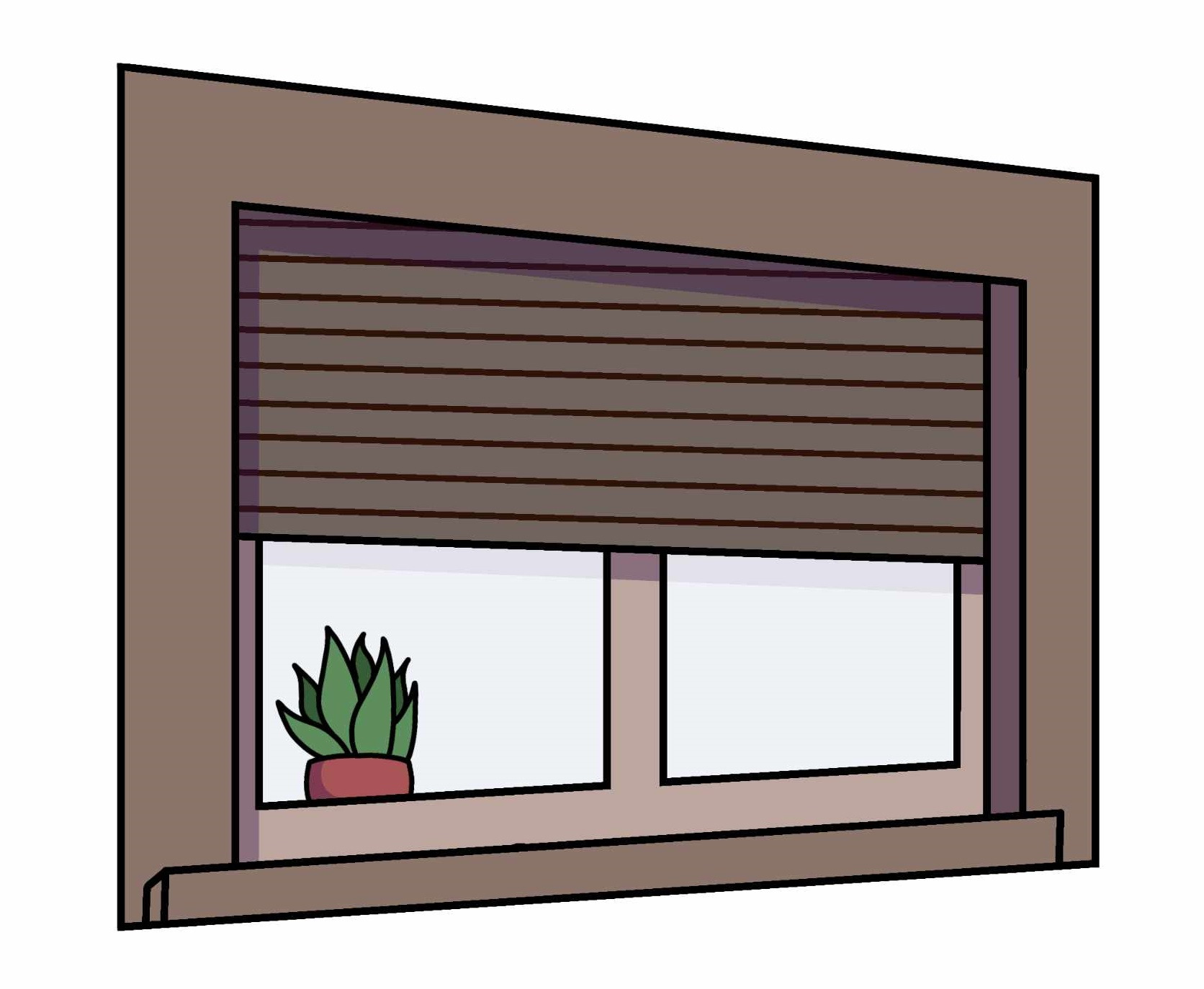 Ilustracja zamkniętej rolety w oknie z doniczką z kwiatem na parapecie.