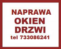 Biała tabliczka z napisem 'NAPRAWA OKIEN DRZWI' w kolorze czerwonym i numerem telefonu na dole, otoczona czerwoną ramką.