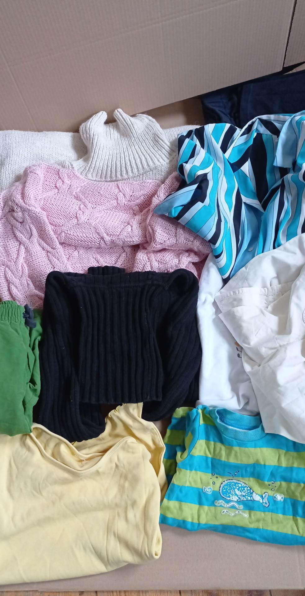 Różnorodny stos ubrań w kartonowym pudle: biały golf, różowy sweter w warkocze, czarny prążkowany sweter, zielone spodnie dresowe, żółta bluzka i bluzka w niebiesko-zielone paski z motywem wieloryba.