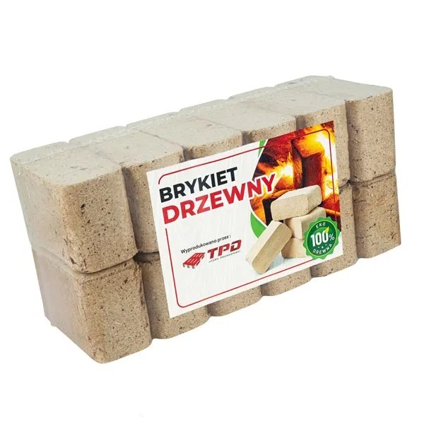 Zapakowany pakiet brykietu drzewnego z etykietą informacyjną i logotypem producenta, widoczne pojedyncze brykiety na etykiecie. Opakowanie zafoliowane.