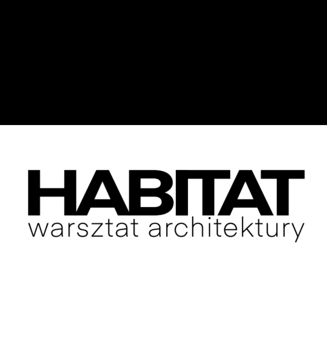 Logo pracowni architektonicznej Habitat z napisem warsztat architektury, czarne litery na białym tle, górna część zasłonięta czarnym prostokątem.