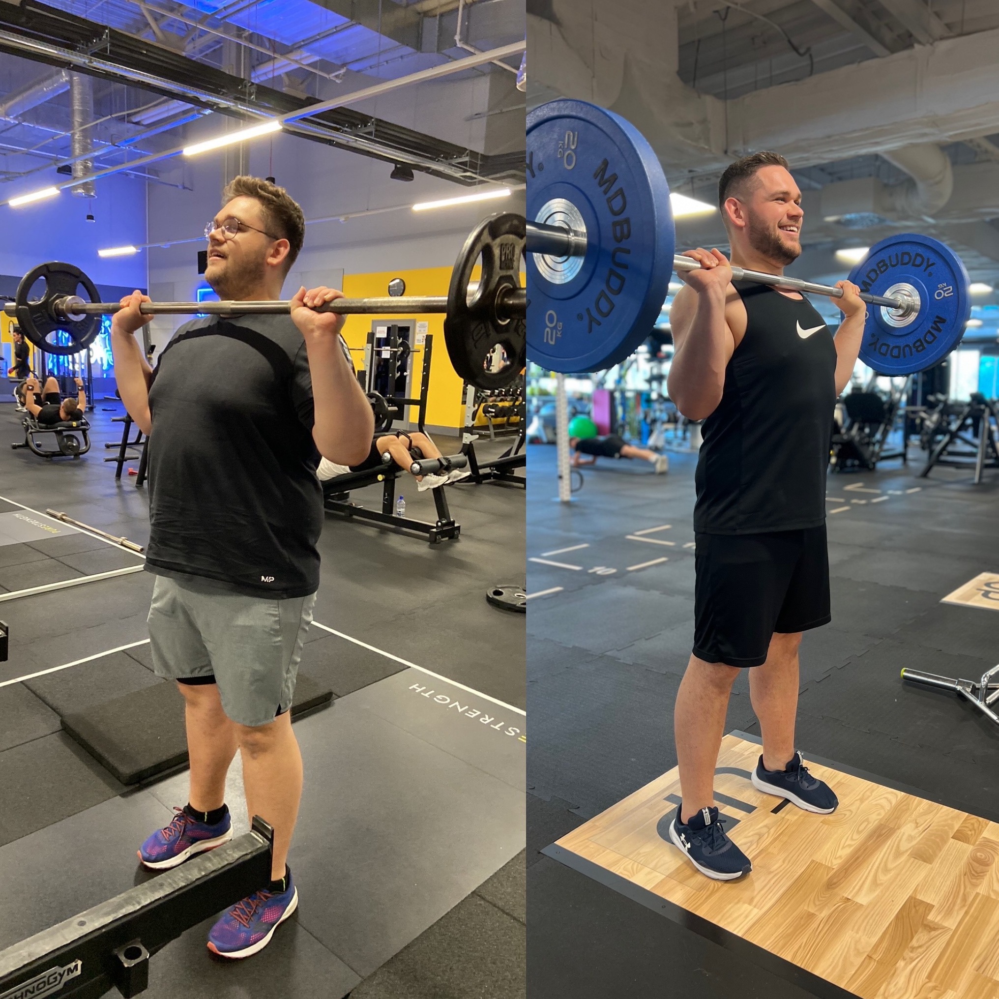 Porównanie sylwetki mężczyzny przed i po treningu z ciężarami na siłowni, widoczne zmiany w budowie ciała i uśmiech na twarzy.