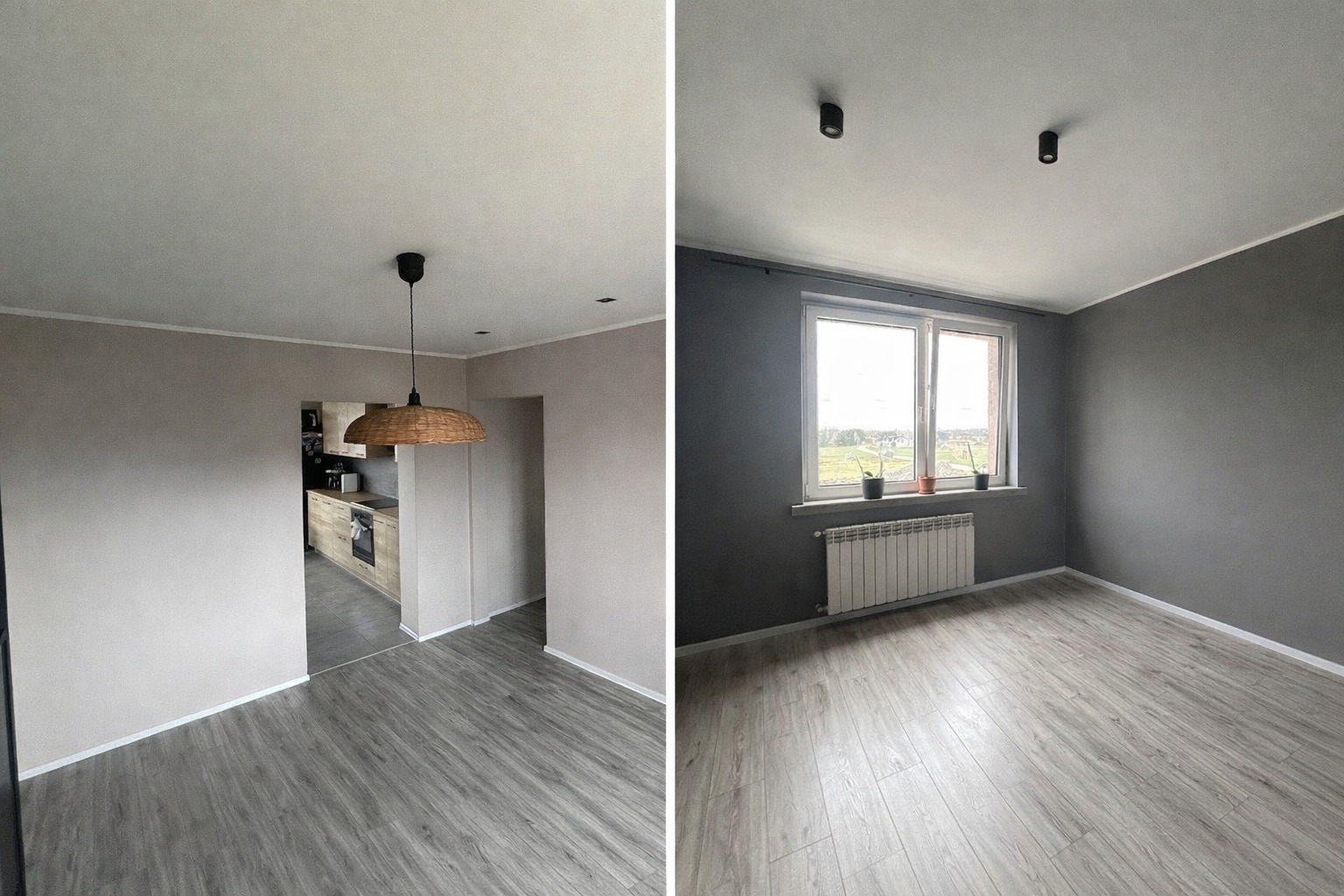 Dwa ujęcia tego samego mieszkania: przed malowaniem w beżach i po malowaniu na szaro. Widoczne panele podłogowe, okno z grzejnikiem i lampa z wikliny.