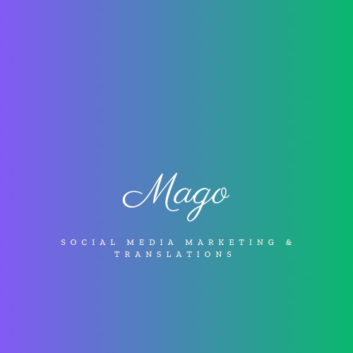Logo 'Mago' na gradientowym tle, z informacją o social media marketingu i tłumaczeniach.