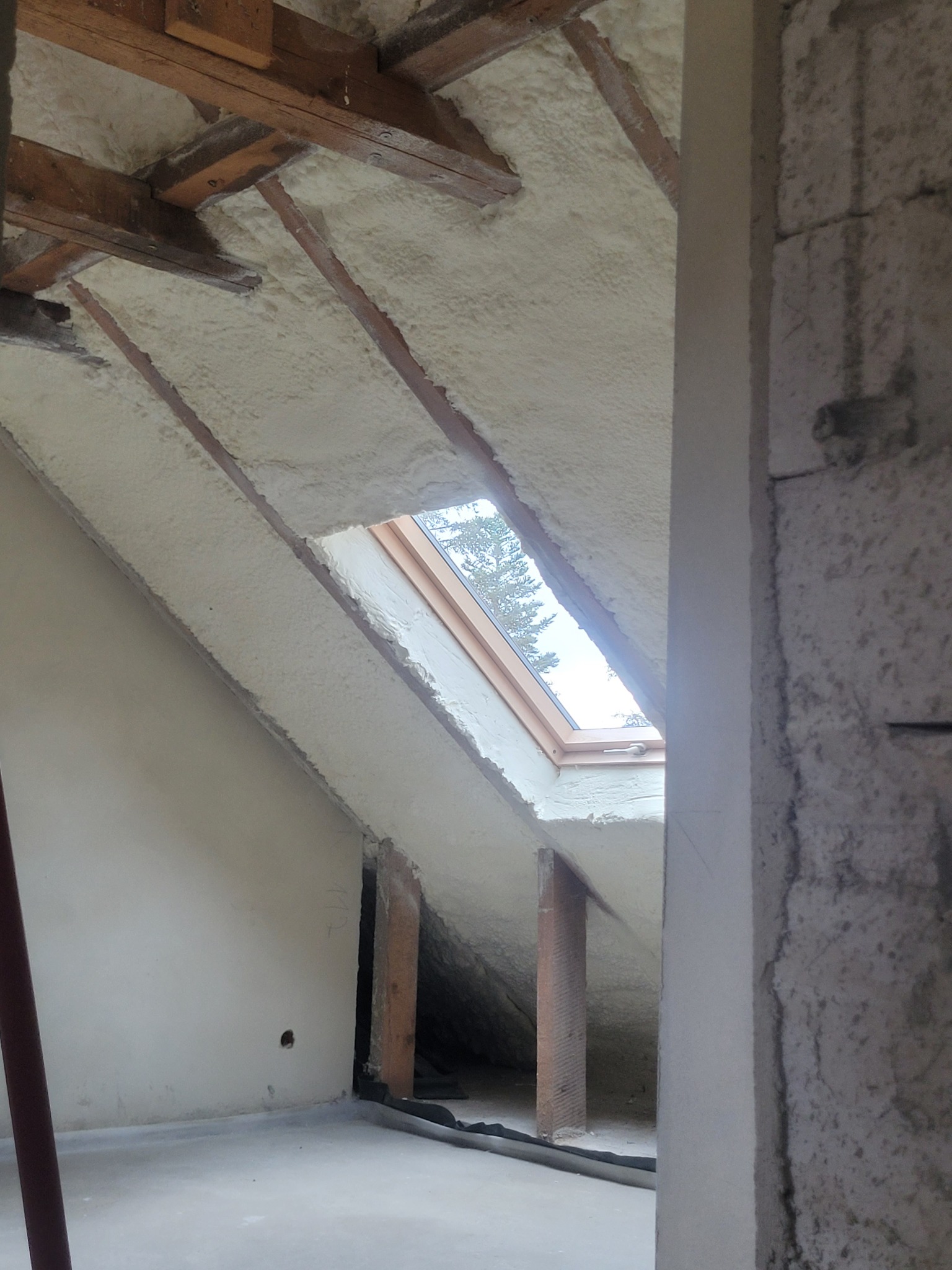 Poddasze ocieplone białą pianką, widoczne drewniane belki, okno dachowe z widokiem na drzewo. Częściowo otynkowana ściana z betonu komórkowego.