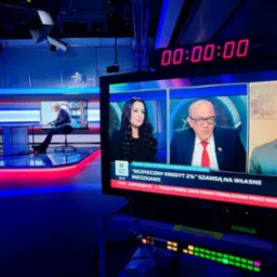 Studio telewizyjne z gośćmi omawiającymi temat bezpiecznego kredytu na mieszkanie, widoczne na monitorze podczas nagrania.