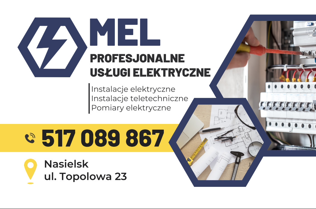 Reklama usług elektrycznych firmy MEL z Nasielska: instalacje, pomiary, instalacje teletechniczne. Widoczna dłoń elektryka pracująca przy skrzynce bezpiecznikowej, obok plan instalacji, laptop...