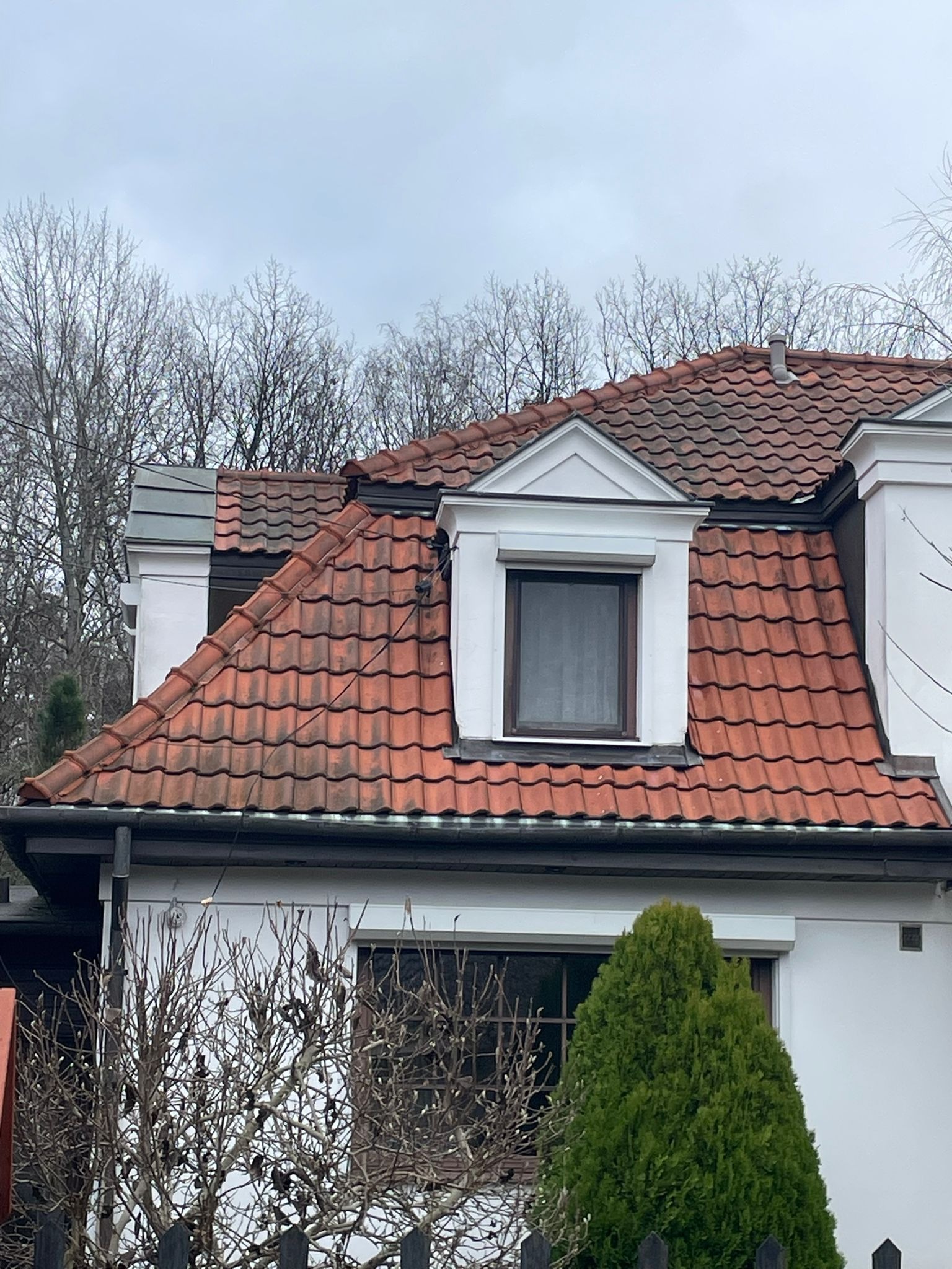 Czerwona dachówka karpiówka na białym domu z oknem mansardowym, widok na fragment elewacji i drzewa bez liści w tle.