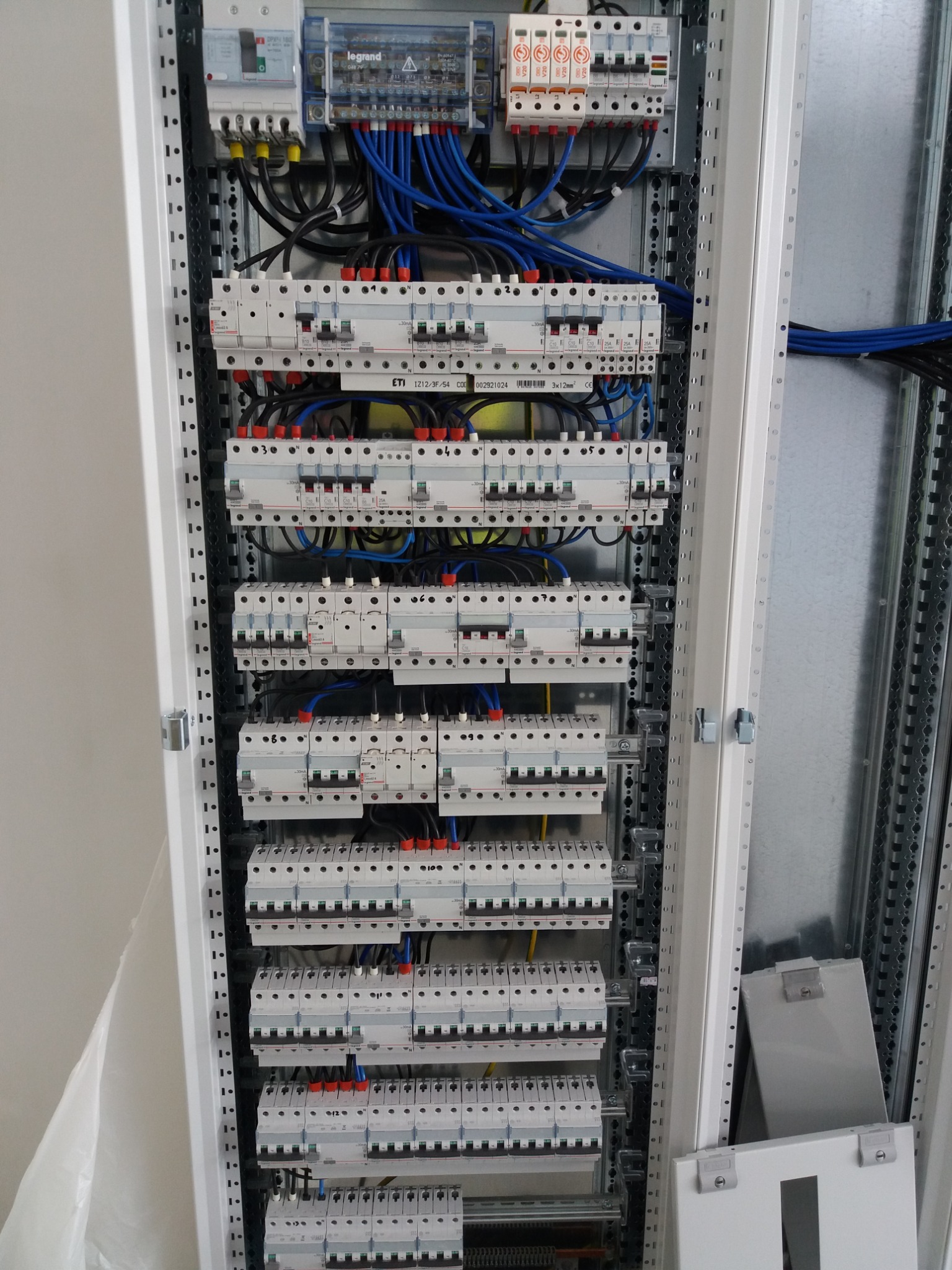 Rozdzielnica elektryczna z licznymi bezpiecznikami, przewodami w kolorze niebieskim i czarnym. Widoczne elementy marki Legrand i ETI.