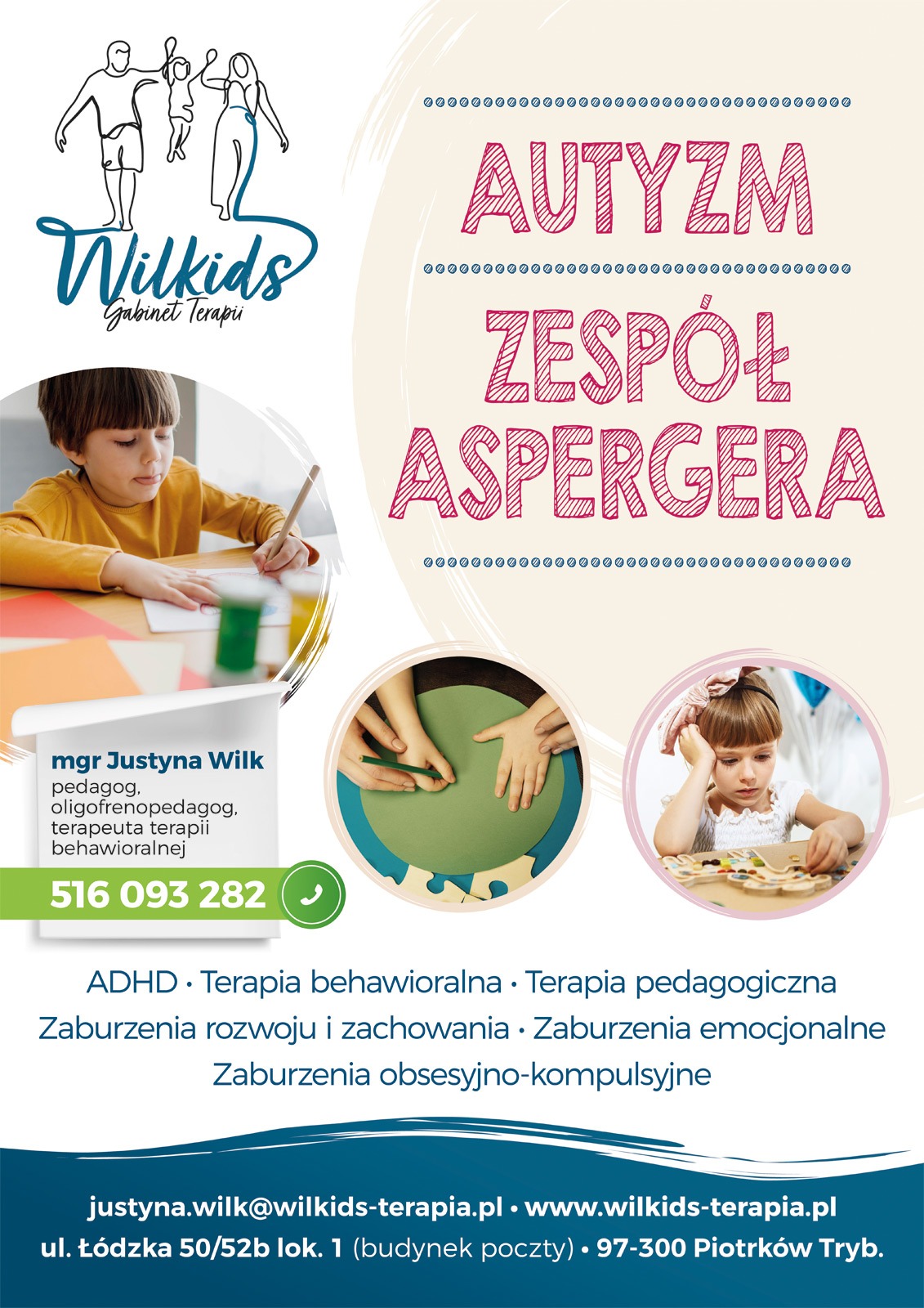 Plakat gabinetu terapii z logo Wilkids, zdjęciem dziecka rysującego przy biurku, dłońmi układającymi puzzle i dziewczynką bawiącą się drewnianą układanką, informacją o mgr Justynie Wilk, pedagogu...