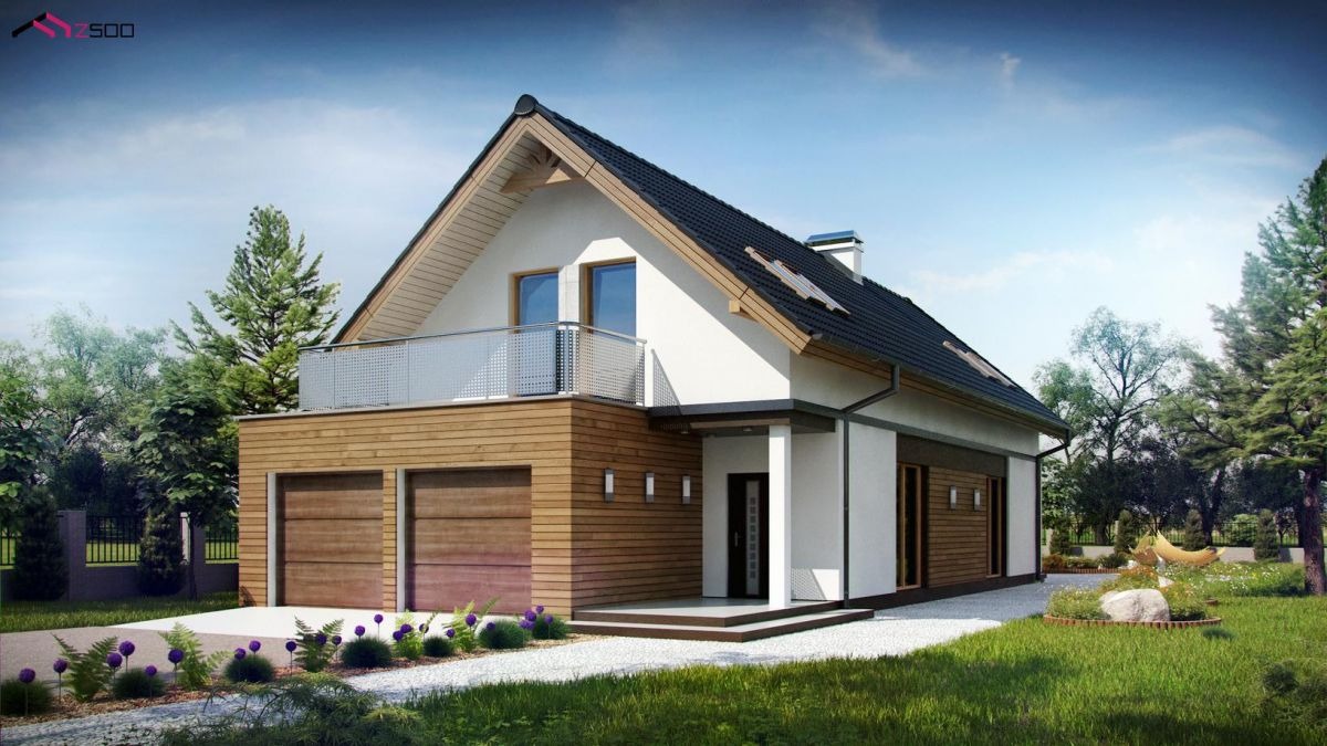 Wizualizacja domu z dwustanowiskowym garażem, balkonem z metalową balustradą i elewacją łączącą biały tynk z drewnianą okładziną, otoczonego zielenią.