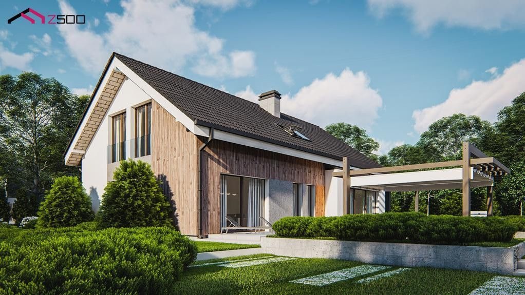 Wizualizacja domu jednorodzinnego z drewnianą elewacją, ciemną dachówką i pergolą na tarasie w słoneczny dzień.