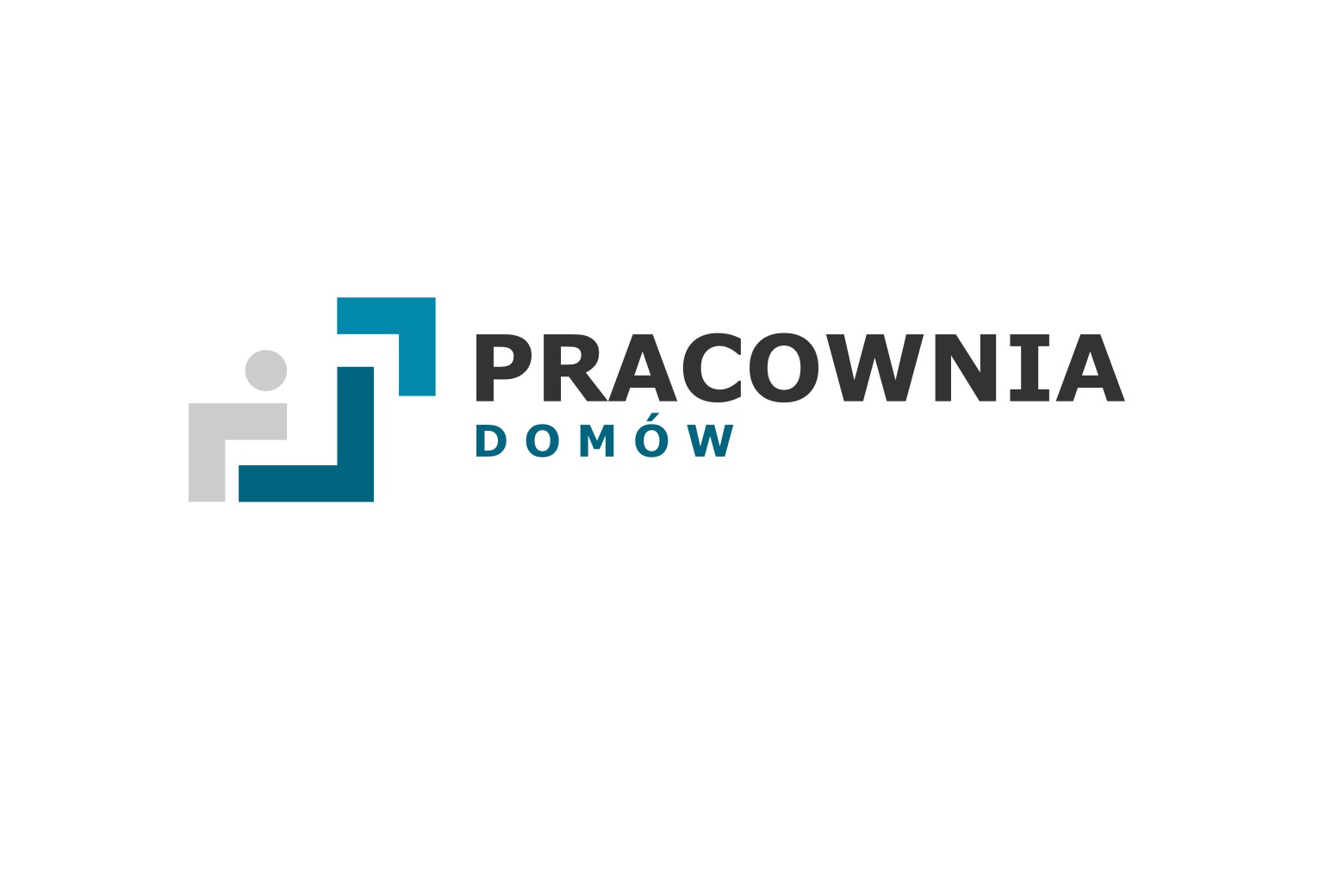 Logo firmy budowlanej z abstrakcyjnym symbolem domu i napisem 'Pracownia Domów' w kolorach szarym i turkusowym.