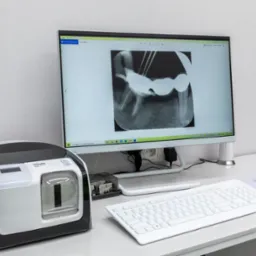 Zdjęcie rentgenowskie zęba po leczeniu kanałowym widoczne na monitorze komputera w gabinecie, obok skaner radiowizjografii Kavo, klawiatura i mysz na białym biurku.