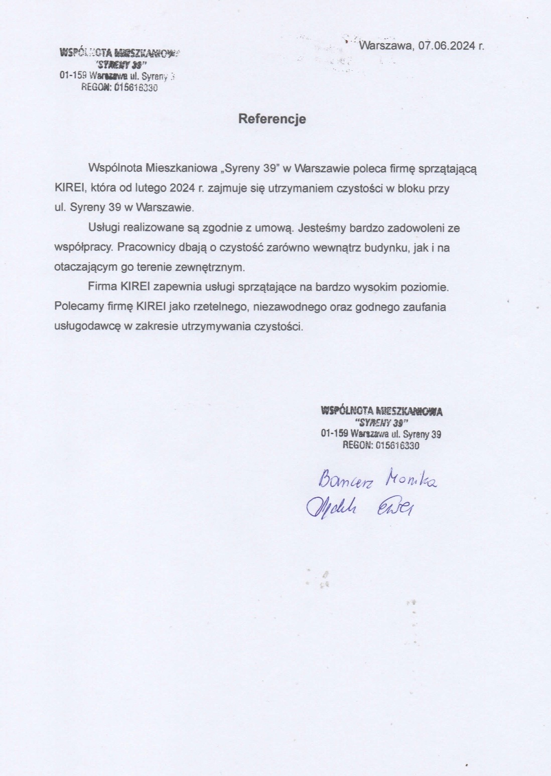 Skan dokumentu referencyjnego dla firmy sprzątającej KIREI od Wspólnoty Mieszkaniowej 'Syreny 39' z Warszawy, datowany na 07.06.2024, z podpisami.