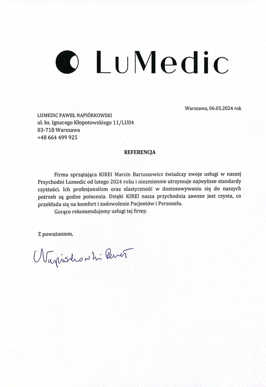 Skan referencji dla firmy sprzątającej KIREI Marcin Bartoszewicz, wystawionej przez przychodnię LuMedic. Dokument zawiera logo LuMedic, adres, numer telefonu oraz treść rekomendacji z podpisem.
