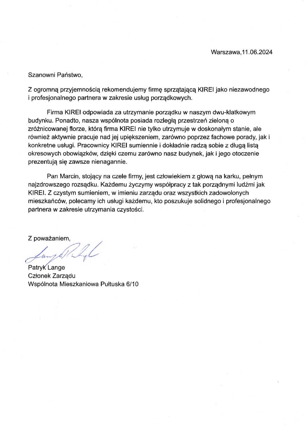 Skan rekomendacji dla firmy sprzątającej KIREI z Warszawy, wystawionej przez Wspólnotę Mieszkaniową Pułtuska 6/10, datowany na 11.06.2024, podkreślający profesjonalizm i solidność w utrzymaniu...