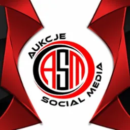 Logo firmy ASM Social Media z napisem AUKCJE u góry i SOCIAL MEDIA u dołu, otoczone czerwonymi i czarnymi elementami graficznymi.