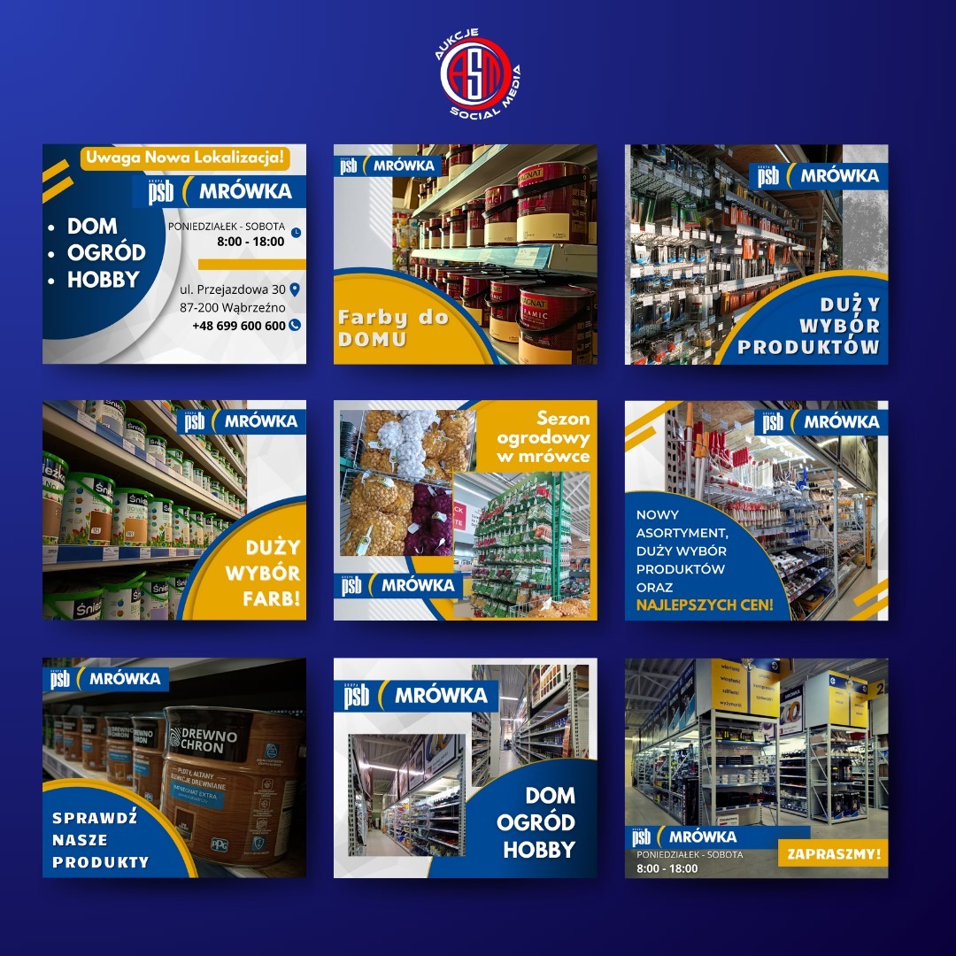 Mozaika reklamowa PSB Mrówka prezentująca asortyment sklepu: farby do domu, produkty ogrodowe, impregnaty do drewna, nowy asortyment i informacje o lokalizacji.