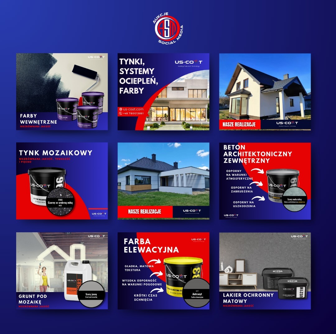 Kompozycja reklamowa produktów do wykończenia wnętrz i elewacji marki US-Coat: farby wewnętrzne, tynk mozaikowy, grunt pod mozaikę, tynki, systemy ociepleń, farby elewacyjne, beton architektoniczny...