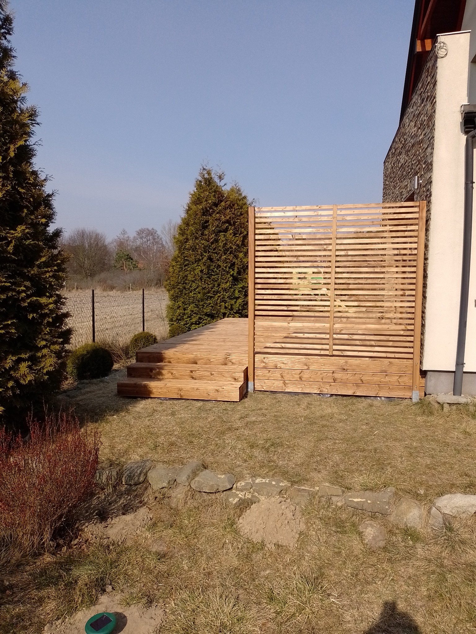 Drewniany taras z trzema stopniami i ażurową ścianką działową, otoczony zielenią i drzewami iglastymi, w tle widoczne pole za ogrodzeniem.