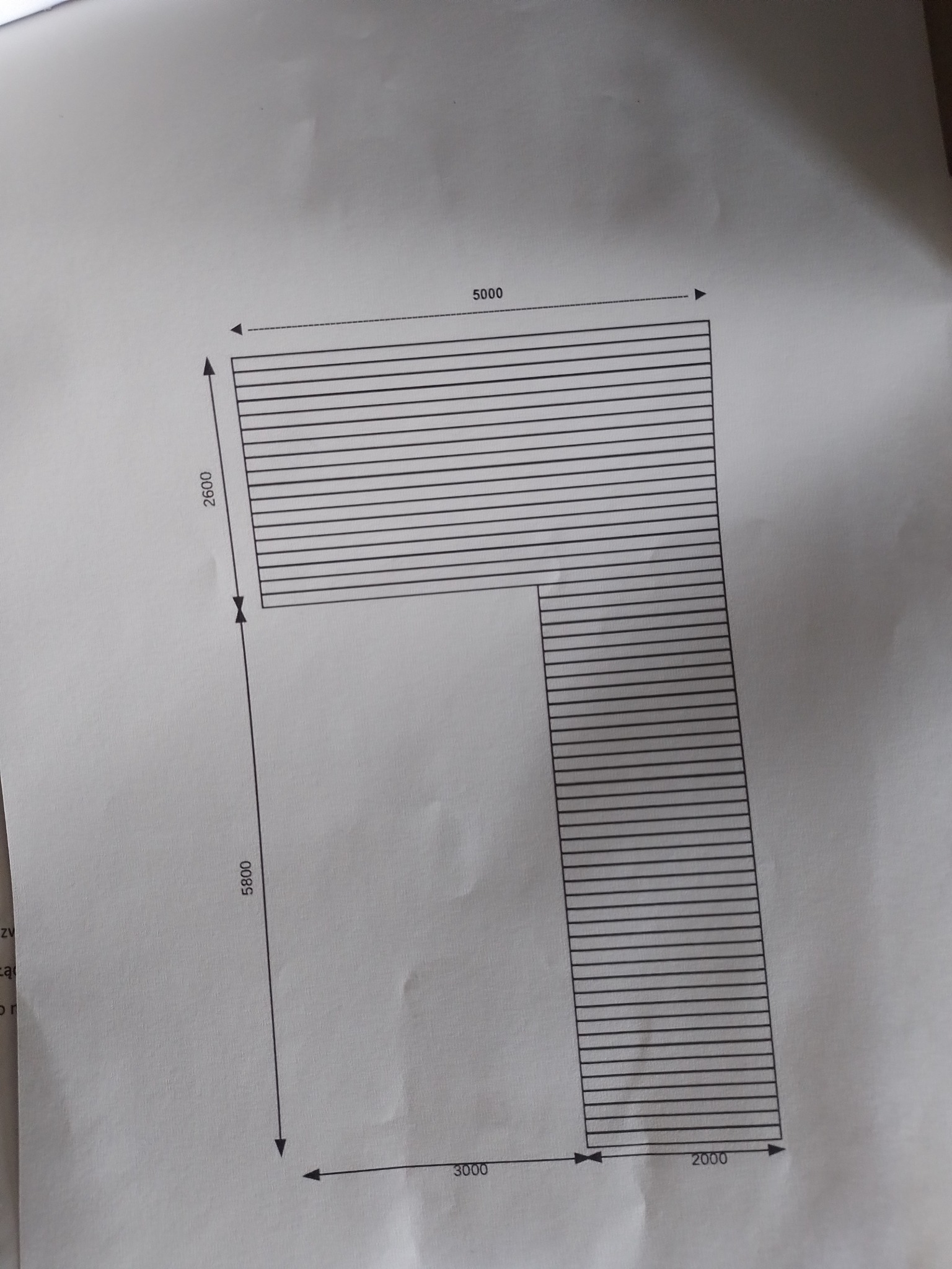 Rzut z góry na schemat tarasu w kształcie litery L z wymiarami 5000x2500 i 3000x5800, przedstawiony na białym papierze.