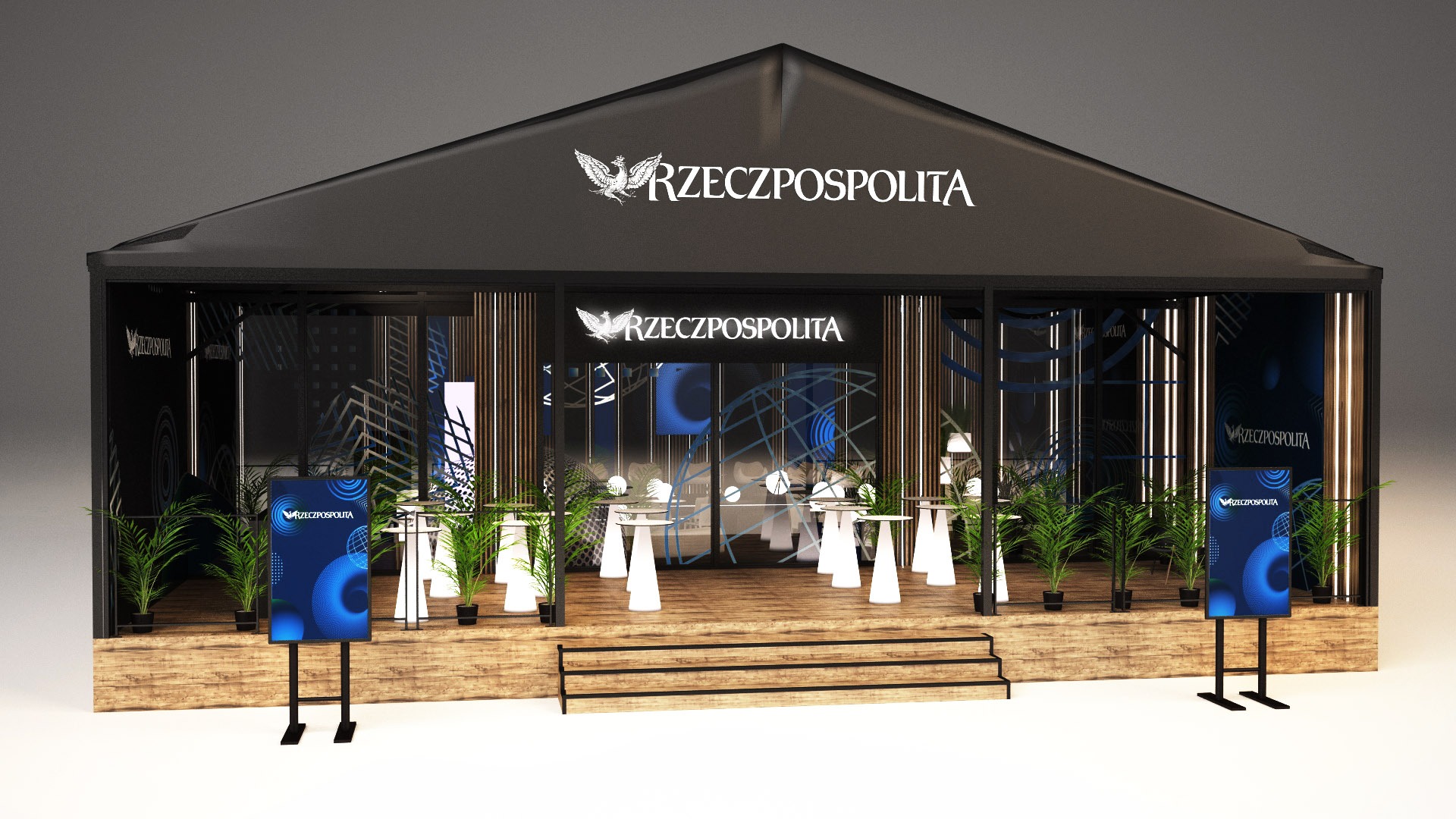 Wizualizacja stoiska targowego z drewnianym podestem, czarną konstrukcją i logo 'Rzeczpospolita', wyposażonego w małe stoliki i rośliny doniczkowe.