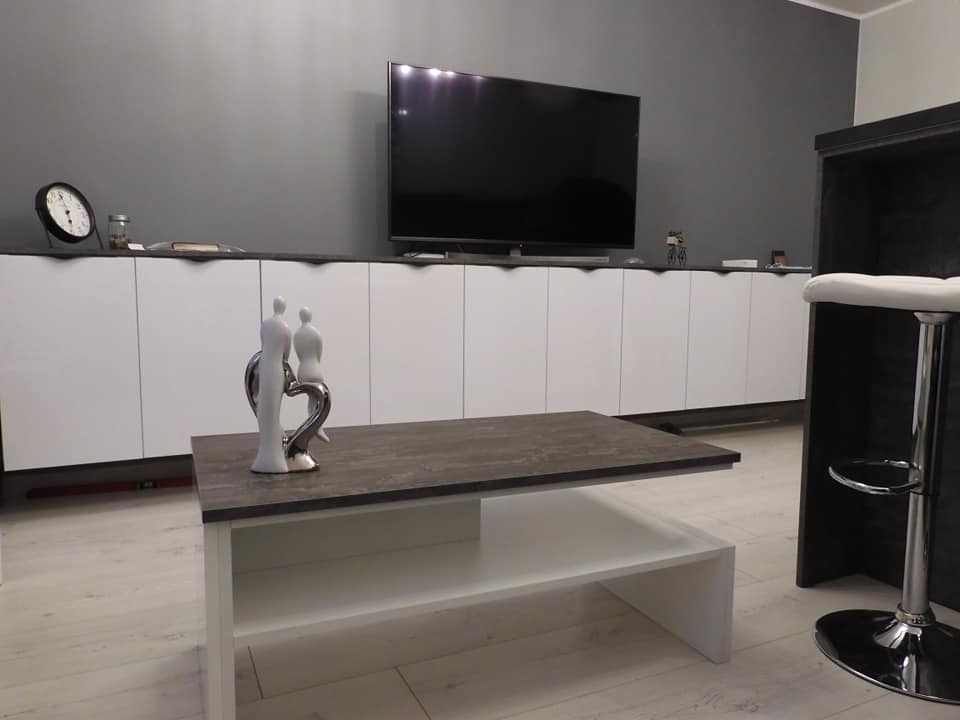 Nowoczesny salon w szaro-białej tonacji z długą szafką RTV pod telewizorem, stolikiem kawowym z dekoracją w kształcie pary i barkiem z hokerem.