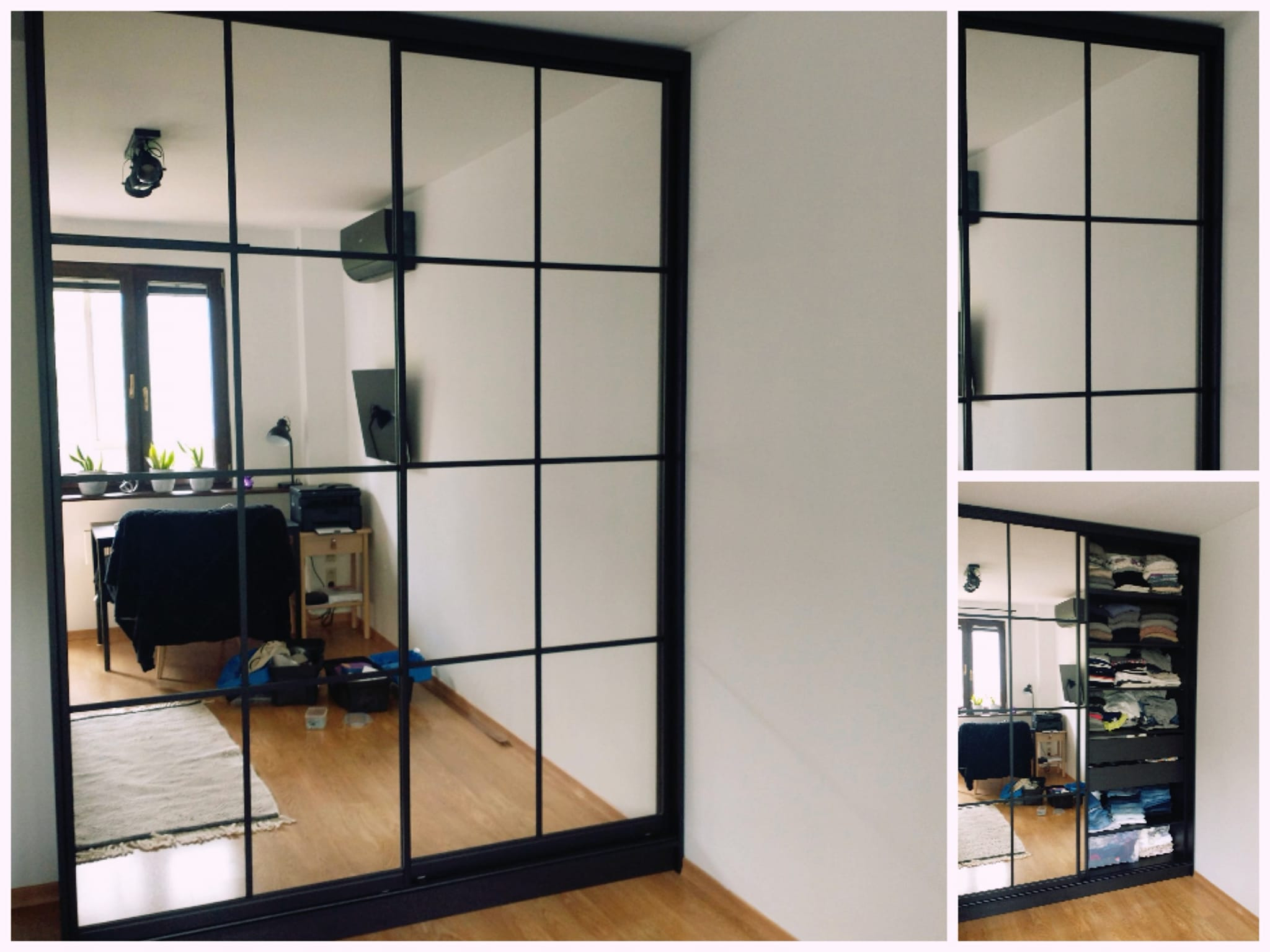 Szafa wnękowa z przesuwnymi drzwiami lustrzanymi z czarnymi szprosami, odbicie wnętrza pokoju z biurkiem i dywanem.