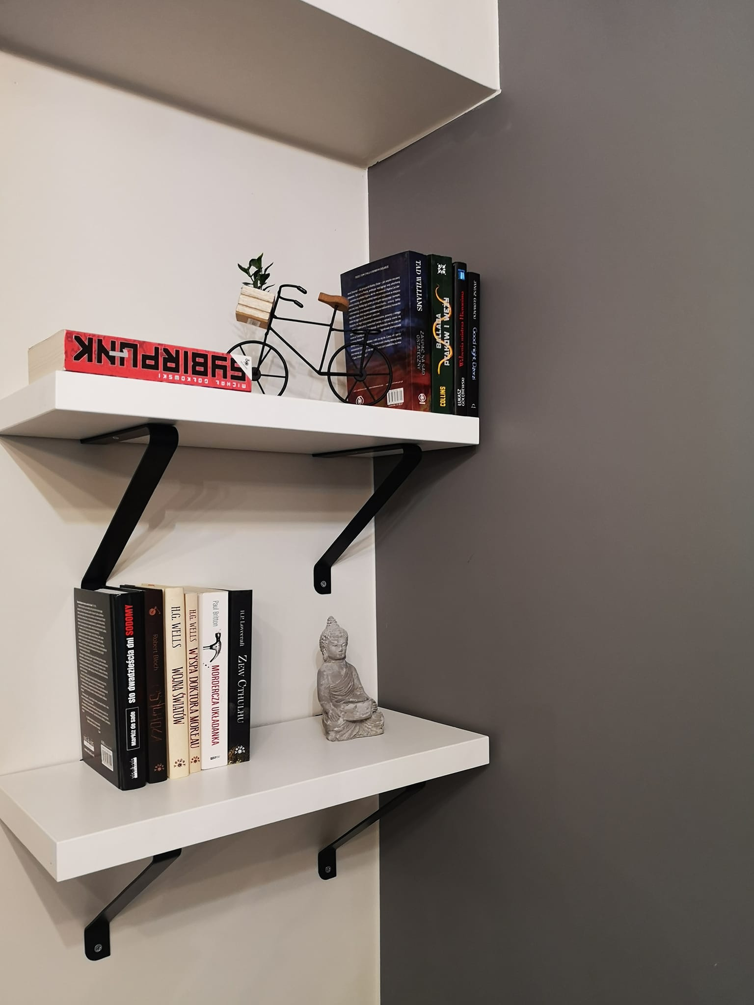 Dwie białe półki z czarnymi wspornikami na ścianie podzielonej na białą i szarą część. Na półkach ustawione książki, figurka Buddy i metalowy model roweru z rośliną.