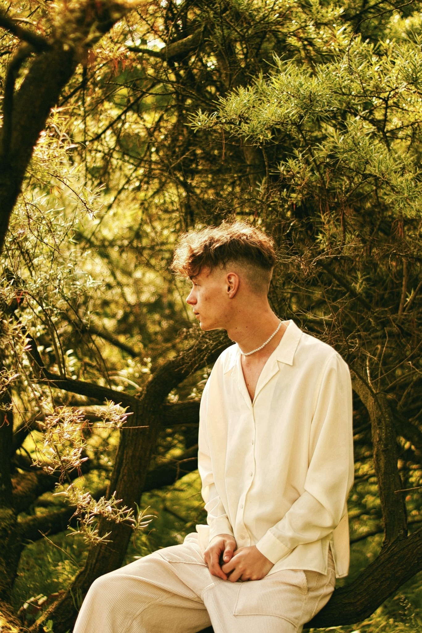 Młody mężczyzna w kremowej koszuli i spodniach siedzi na gałęzi drzewa w lesie, zamyślony profil, delikatne światło słoneczne przebija się przez liście.