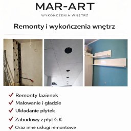 Marcin Tubacki Mar-Art - Kolaż z remontu wnętrz: surowa łazienka, sufit z płyt G-K z otworami, półki na turkusowej ścianie. Prezentacja firmy MAR-ART, wykończenia wnętrz.