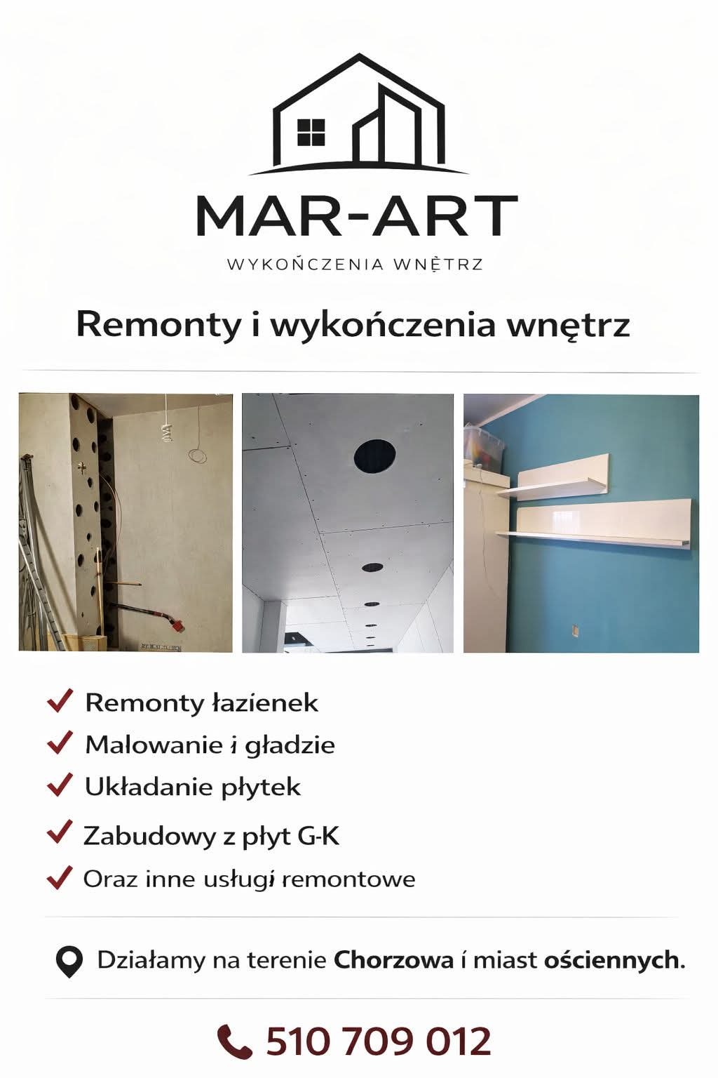 Kolaż z remontu wnętrz: surowa łazienka, sufit z płyt G-K z otworami, półki na turkusowej ścianie. Prezentacja firmy MAR-ART, wykończenia wnętrz.