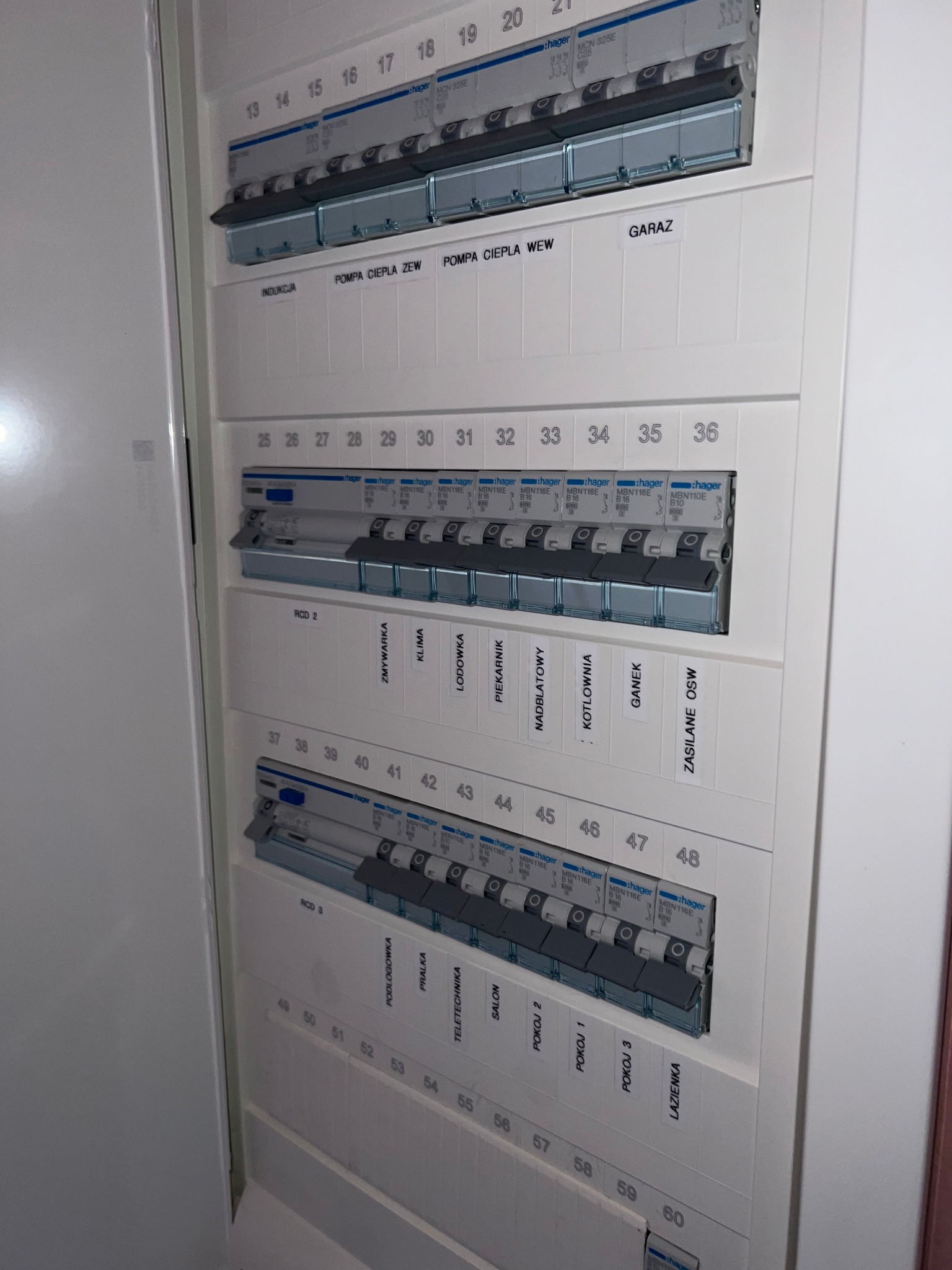 Rozdzielnia elektryczna z opisami obwodów, widoczne bezpieczniki Hager z opisami pomieszczeń i urządzeń, takich jak indukcja, pompa ciepła, garaż, zmywarka, lodówka, piekarnik, kotłownia, ganek...