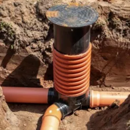 Studzienka rewizyjna z rurami kanalizacyjnymi w wykopie, widoczne połączenia trójnikowe i pokrywa studzienki z tworzywa sztucznego.