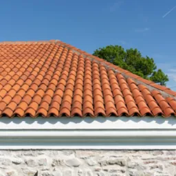 Dach z dachówki ceramicznej w kolorze terakoty na budynku z kamienną elewacją i białym gzymsem, błękitne niebo w tle.