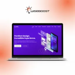 Laptop prezentuje stronę internetową z nowoczesnym designem, interfejs aplikacji mobilnej z elementami graficznymi odtwarzacza audio i lokalizacji, na fioletowym tle z białymi napisami i przyciskami.