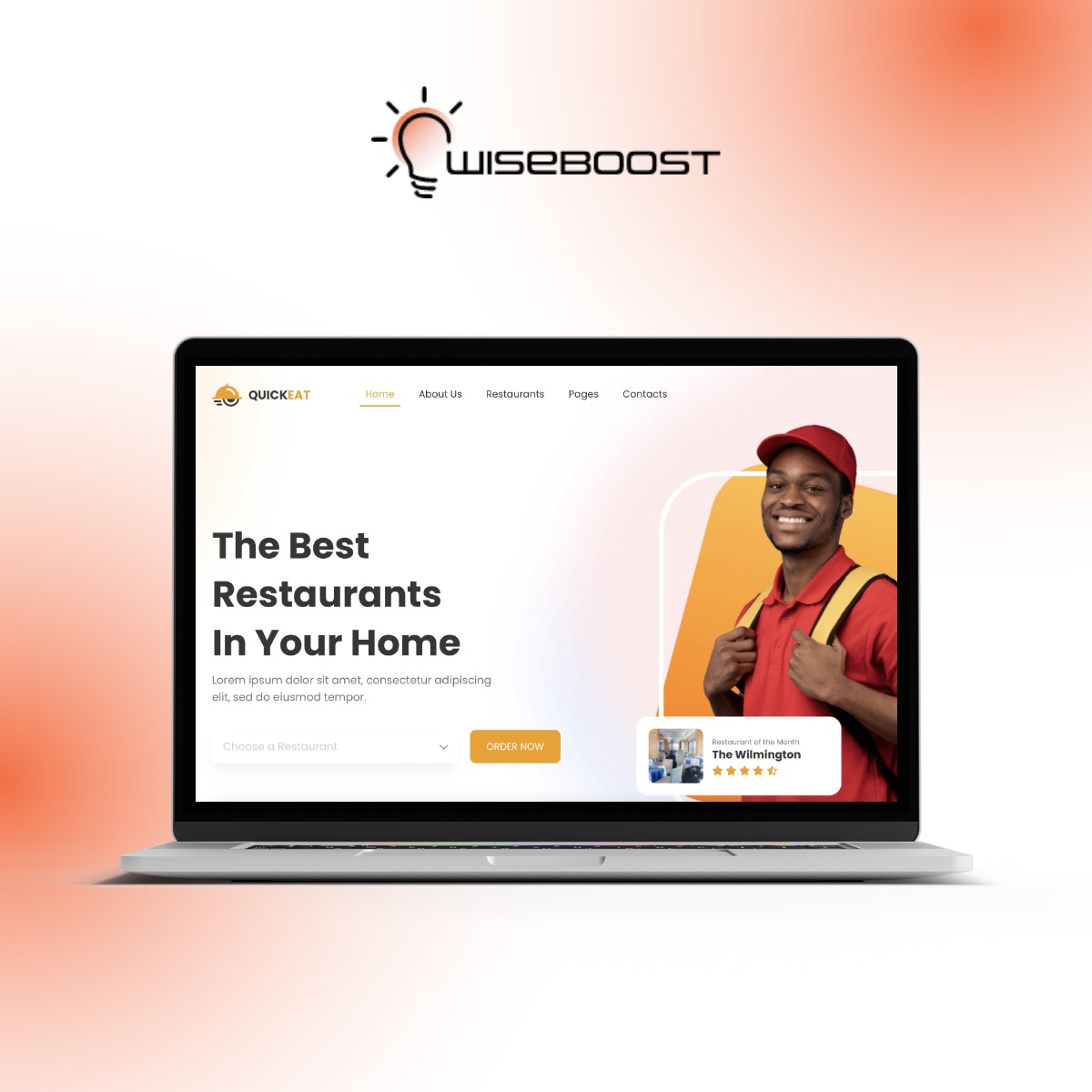 Laptop wyświetla stronę internetową restauracji z uśmiechniętym dostawcą w czerwonej czapce i koszulce, logo 'WISEBOOST' widoczne w górnej części ekranu, pomarańczowe tło z gradientem.