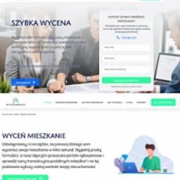 Strona internetowa z formularzem do szybkiej wyceny mieszkania, z polami do wpisania imienia, emaila i numeru telefonu, obok zdjęcie pary omawiającej plany mieszkania przy laptopie, z logo...