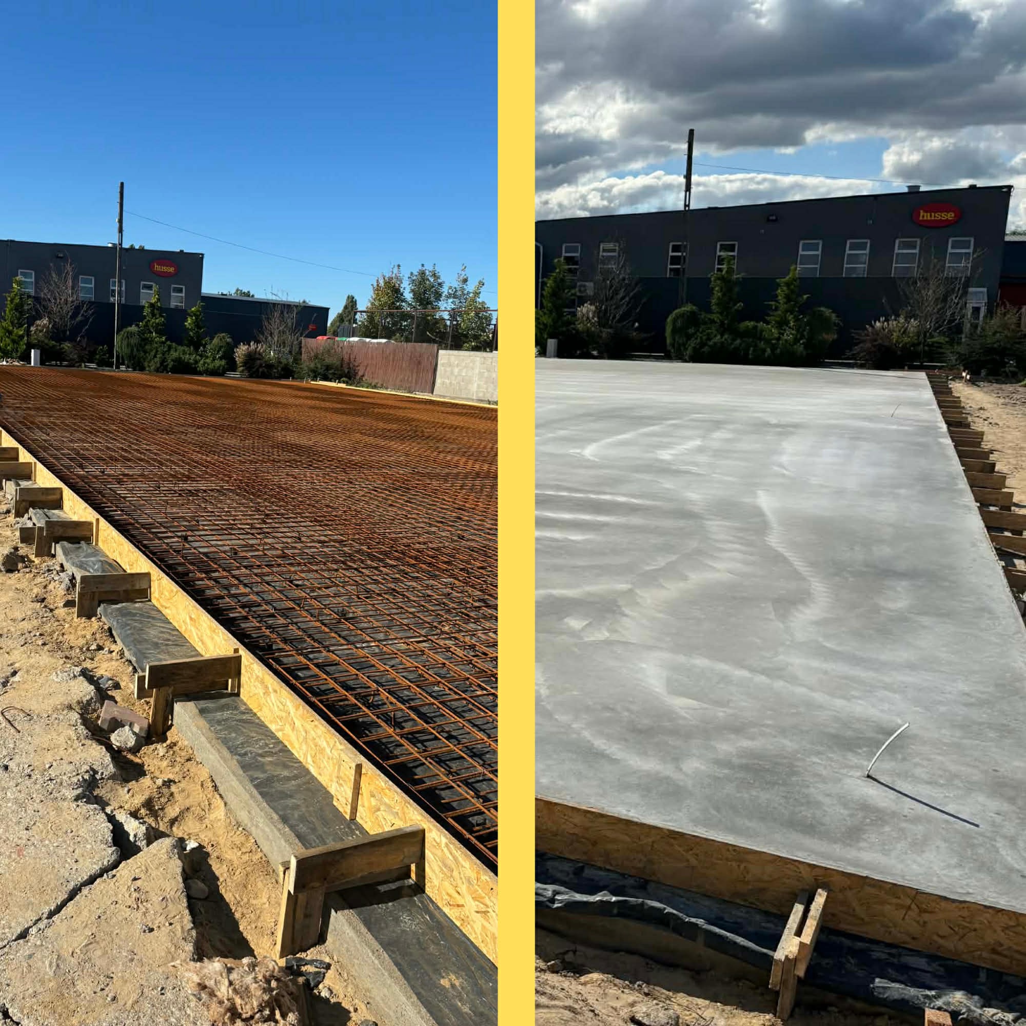 Zdjęcie 'przed i po' wylewki: zbrojenie siatką stalową (lewa strona) i gładka, szara powierzchnia wylanego betonu (prawa strona). W tle budynek firmy Husse.