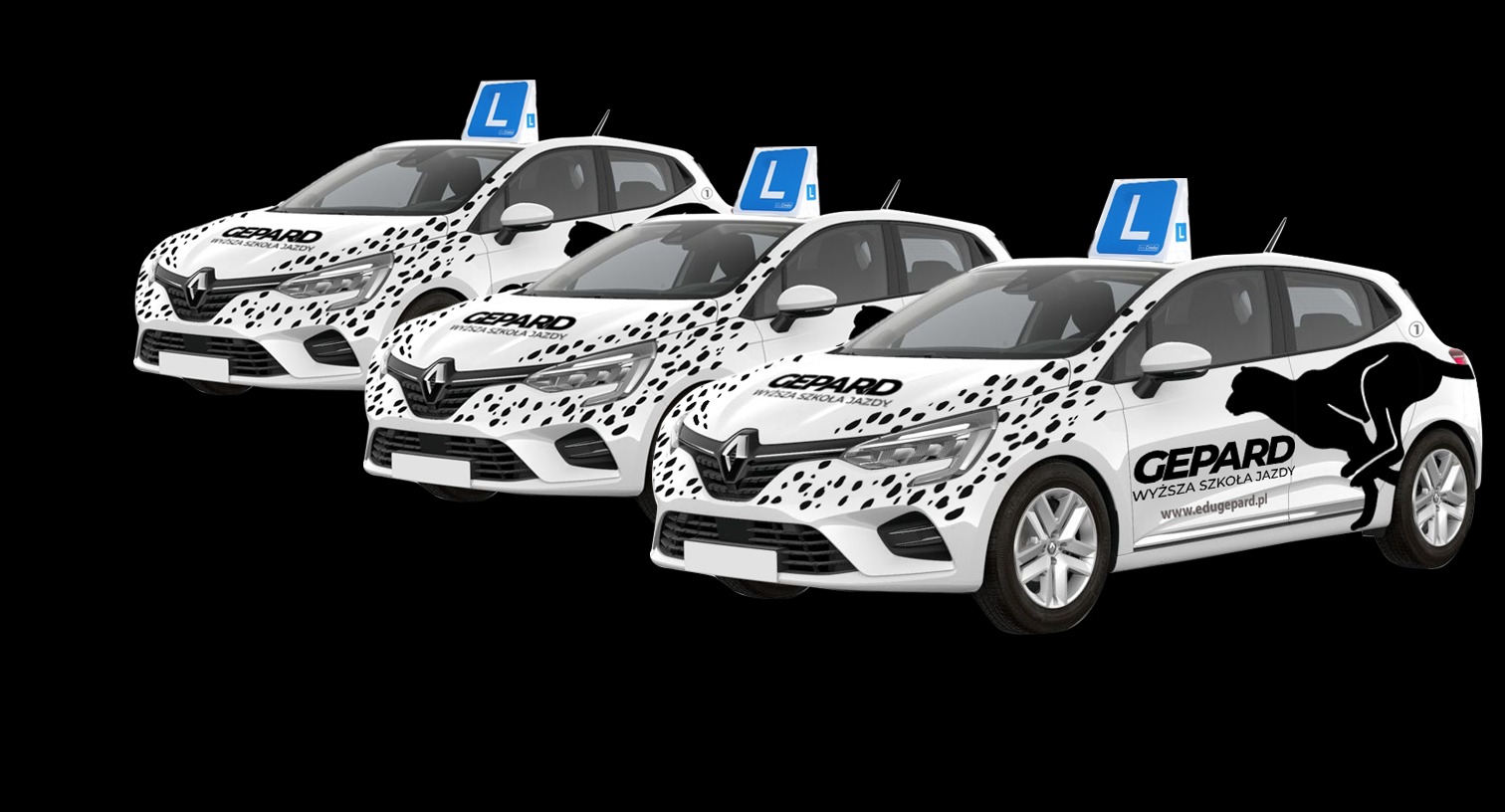 Trzy białe samochody z oznaczeniem 'L' na dachu i czarnymi plamami na karoserii, ustawione w rzędzie na czarnym tle, z logo 'Gepard' i adresem strony internetowej widocznymi na boku pojazdu.