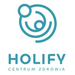 Błękitne logo centrum zdrowia HOLIFY z abstrakcyjnym motywem osoby w okręgu i napisem 'CENTRUM ZDROWIA' poniżej nazwy.