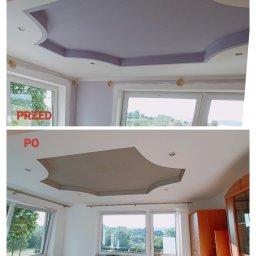 Sławomir Kuczkowicz Termowizja i termoizolacja - Porównanie 'przed' i 'po' wykonania sufitu podwieszanego z ozdobnymi wnękami i oświetleniem punktowym w pokoju z widokiem na zieleń za oknem.