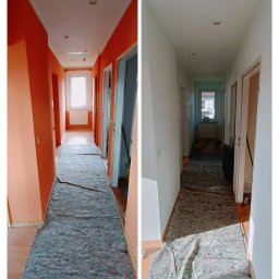 Sławomir Kuczkowicz Termowizja i termoizolacja - Korytarz w domu: porównanie stanu przed i po malowaniu ścian na biało, z zabezpieczoną podłogą.