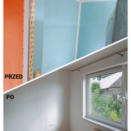 Sławomir Kuczkowicz Termowizja i termoizolacja - Zdjęcie podzielone na dwie części: górna pokazuje pokój przed remontem z pomarańczowymi ścianami i niebieskim sufitem, dolna część przedstawia pokój po remoncie z białymi ścianami i oknem...