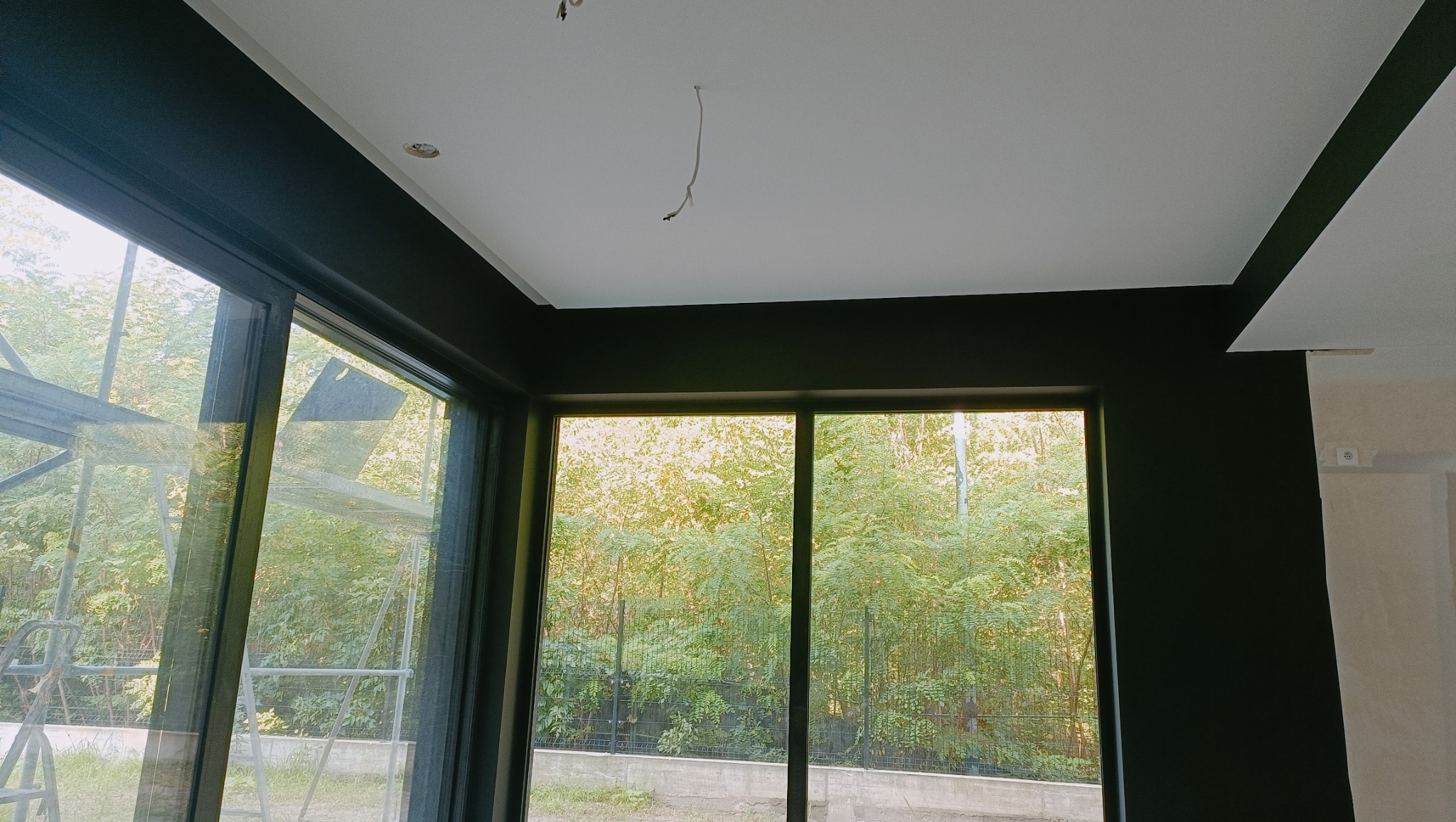 Wnętrze pokoju z dużymi oknami, czarnymi ścianami i białym sufitem z widocznymi przewodami elektrycznymi. Na zewnątrz widoczny bujny ogród.