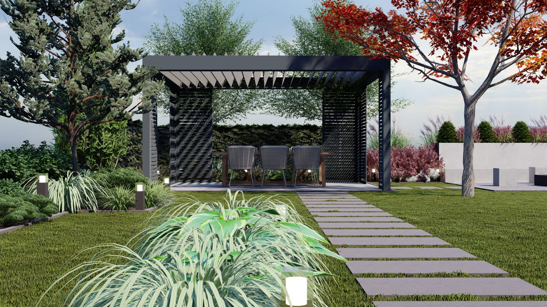 Projekt zagospodarowania ogrodu nowoczesnego w otoczeniu zimozielonych roślin, szumiących traw i delikatnych drzew